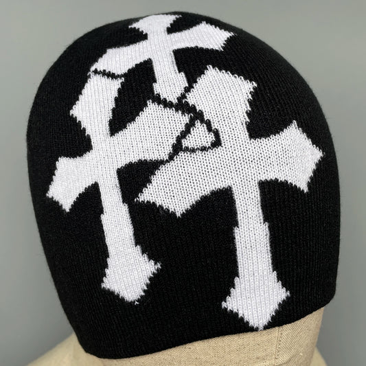 Y2K Crucifix Knit Beanie – Streetwear Hip Hop Jacquard Hat