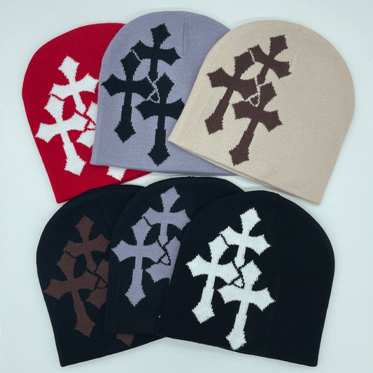 Y2K Crucifix Knit Beanie – Streetwear Hip Hop Jacquard Hat